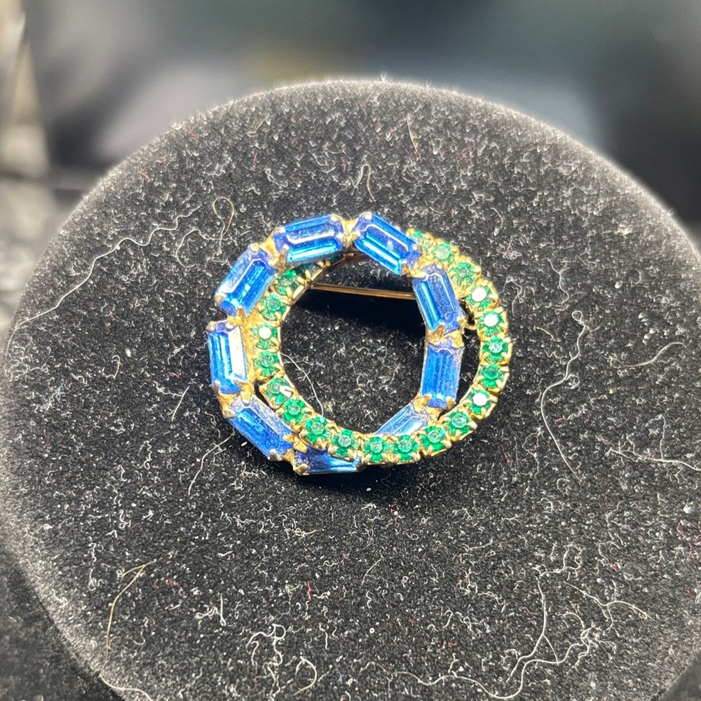 Vintage Blue and Green Circular Rhinestone Brooch